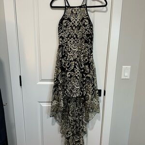 Elegant Black, Gold and Cream Evening High-Low  Damask Dress
